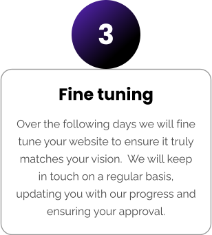 Fine tuning Over the following days we will fine tune your website to ensure it truly matches your vision.  We will keep in touch on a regular basis, updating you with our progress and ensuring your approval. 3